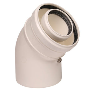 CURVA COASSIALE IN PLASTICA POLIPROPILENE BIANCA A 45° Ø 60-100   M/F PER FUMISTERIA