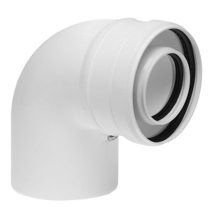 CURVA DI RACCORDO  COASSIALE IN PLASTICA POLIPROPILENE  BIANCA A 90° Ø 60-100   M/F PER FUMISTERIA